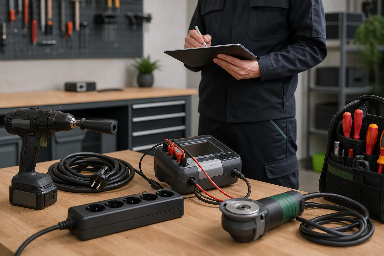 Prüfung ortsveränderlicher elektrischer Betriebsmittel mit Gerätetester und Dokumentation auf einer Werkbank