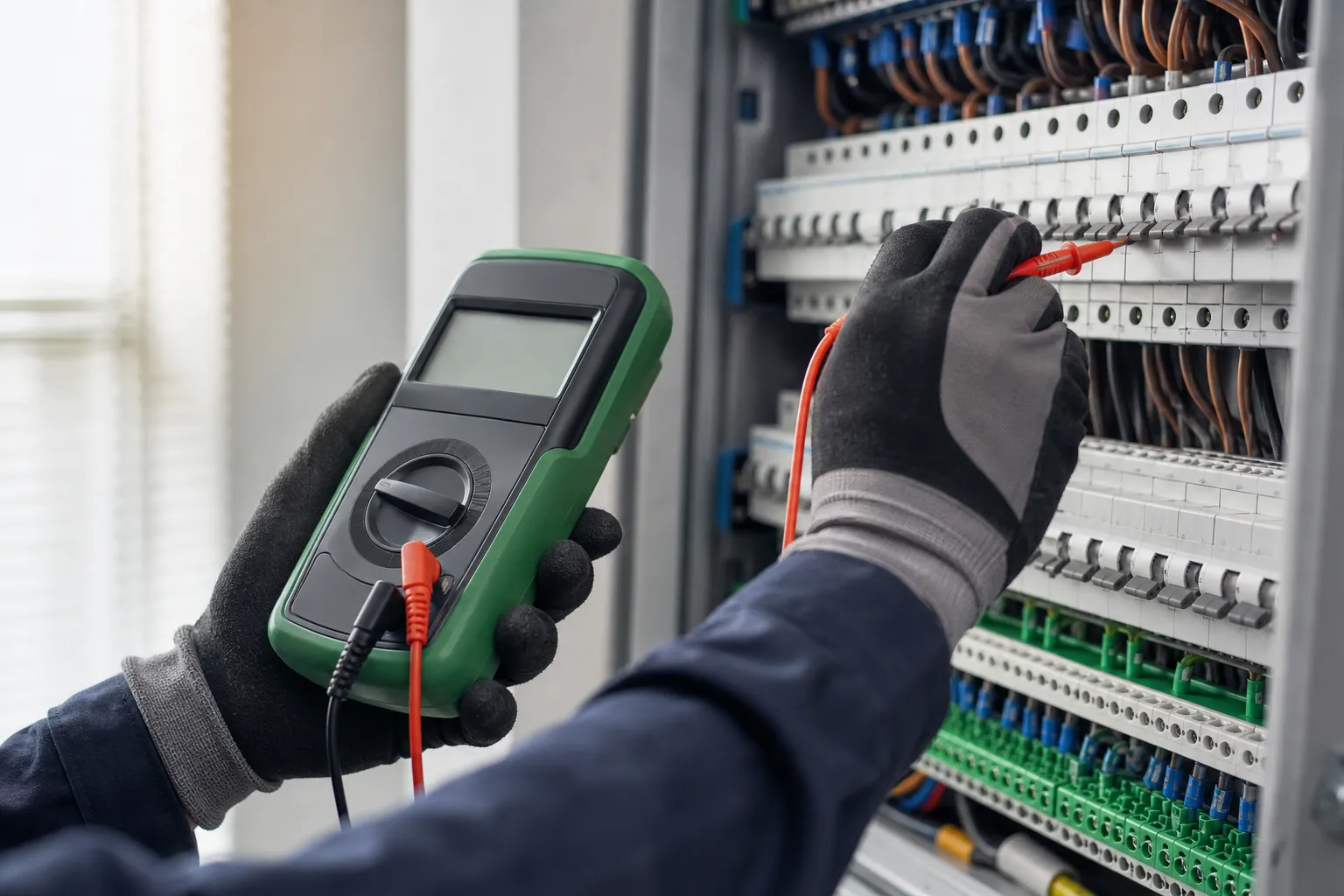 Elektrofachkraft dokumentiert Prüfergebnisse an einem Prüfgerät