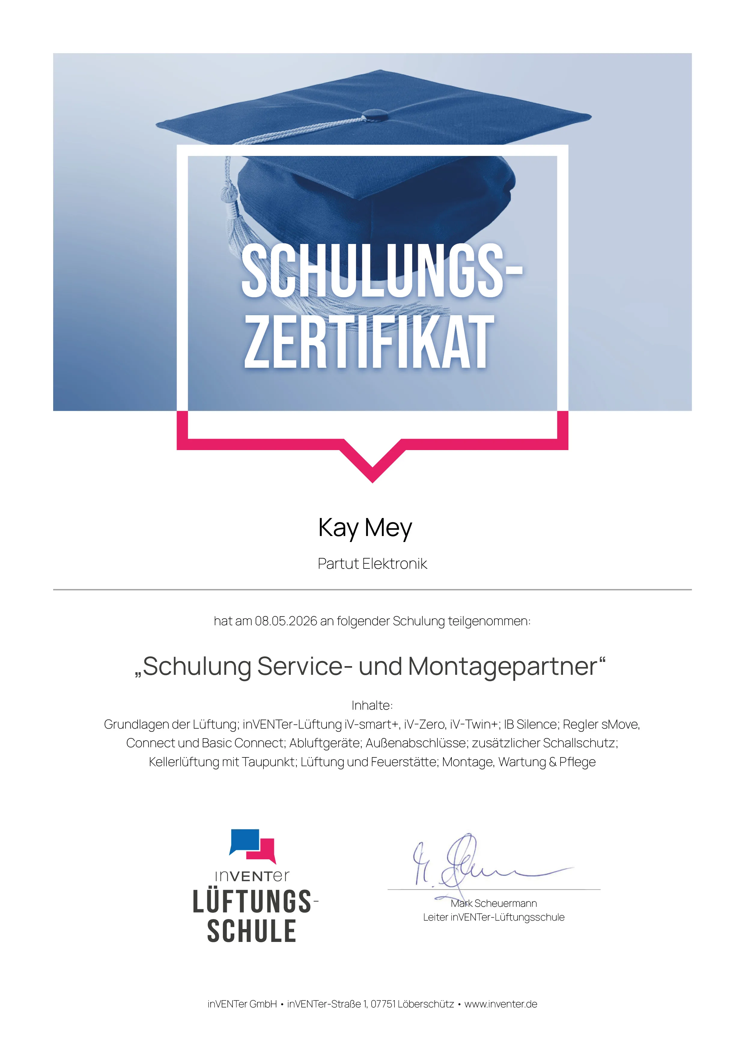 Zertifikat Grundlagenschulung S&M Partner – inVENTer