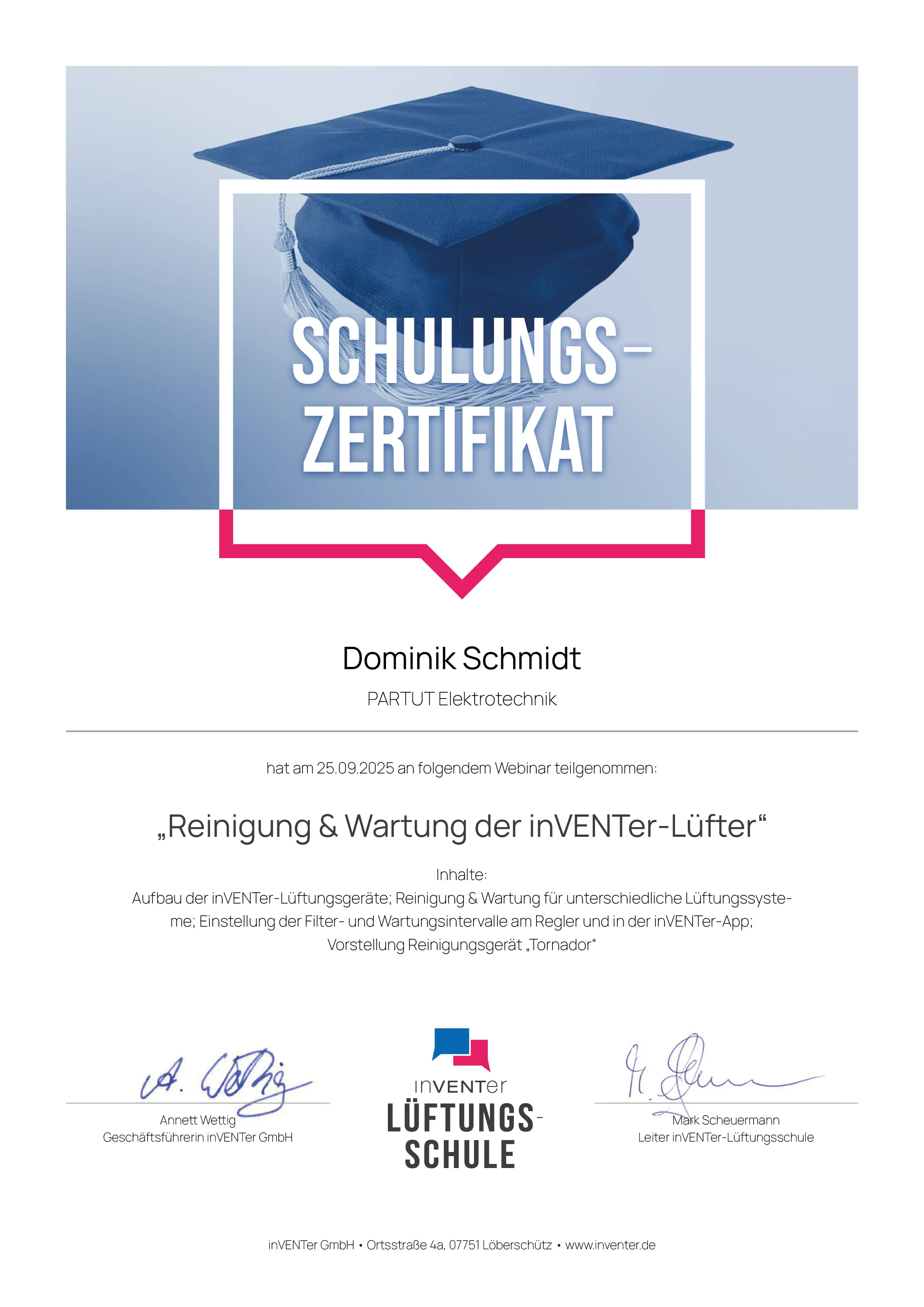 Zertifikat S&M Partner Webinar Reinigung und Wartung – inVENTer